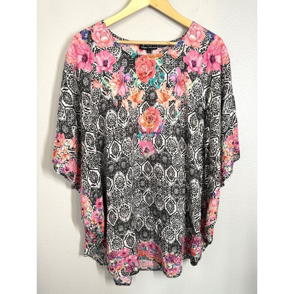 Tolani Collection Printed Woven Caftan Tunic Top‎ Black Pink Floral Size L Modal